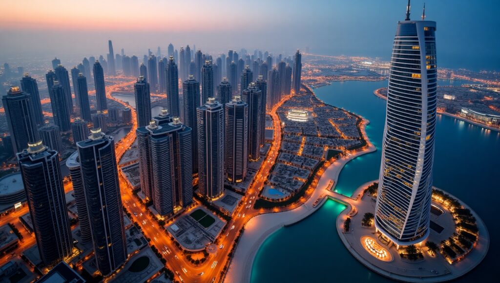 a city with many tall buildings and a body of water